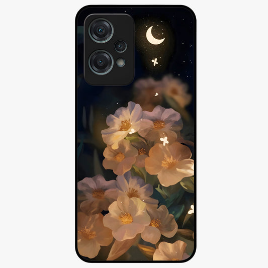 Celestial Petal Night Glass Case for 1+Nord Ce 2 Lite elegant front view featuring floral petals against dark night sky tones