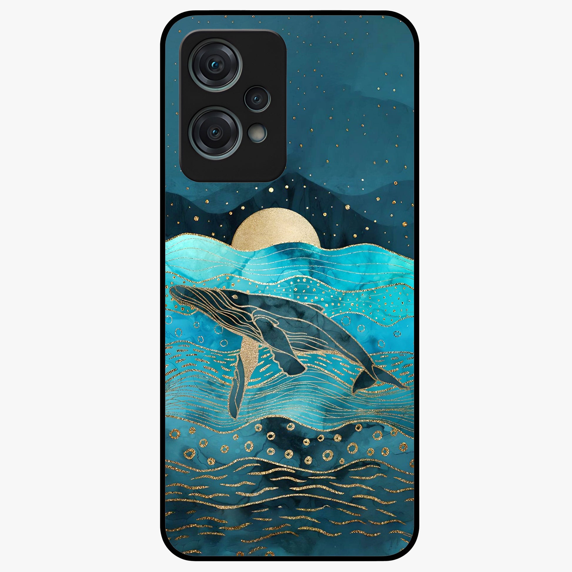 Celestial Whale Voyage Glass Case for 1+Nord Ce 2 Lite dreamy front view featuring whale artwork against cosmic sky backdrop