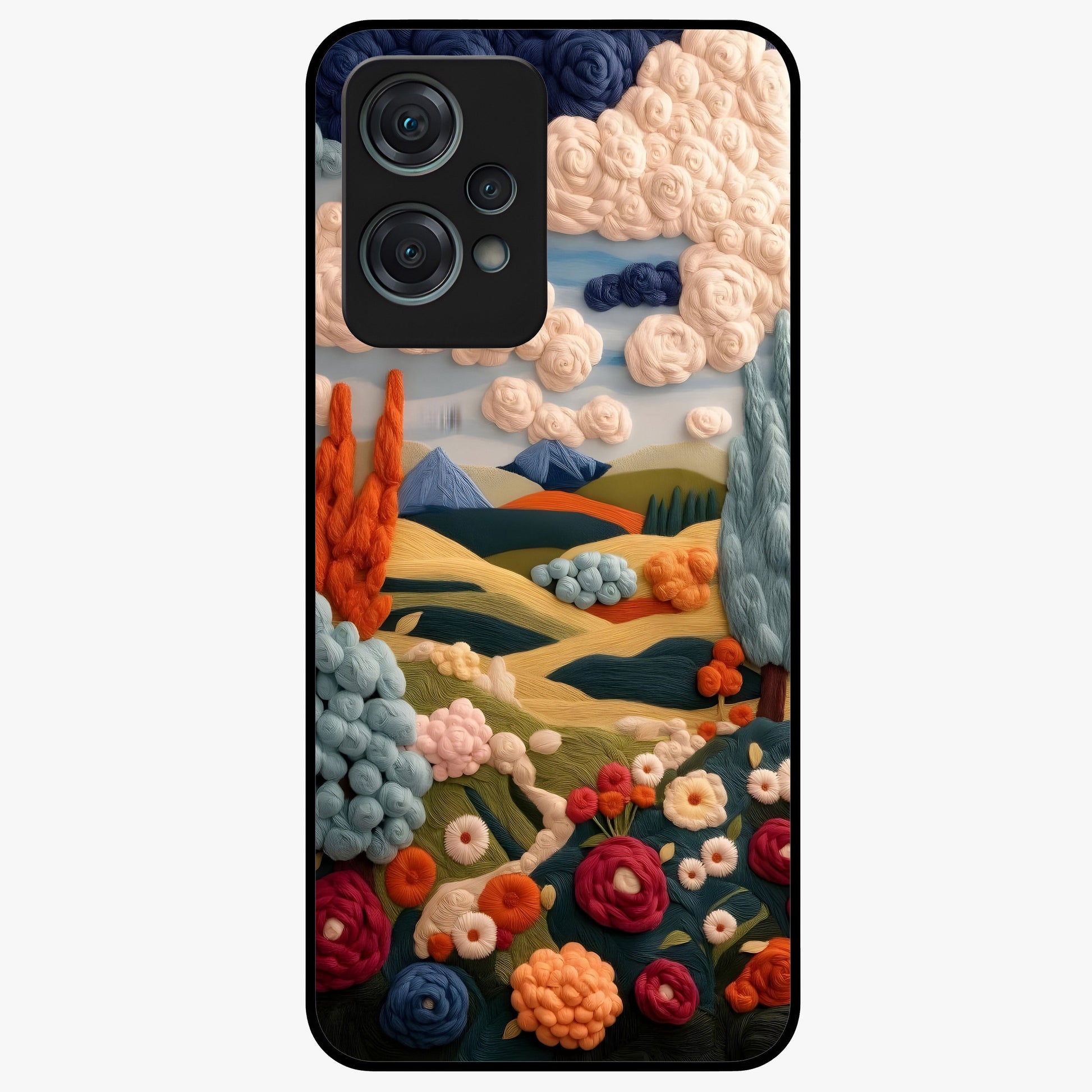 Cloud Cotton Meadows Printed Glass Case for 1+Nord Ce 2 Lite soft front view featuring dreamy meadow artwork with cloud inspired tones