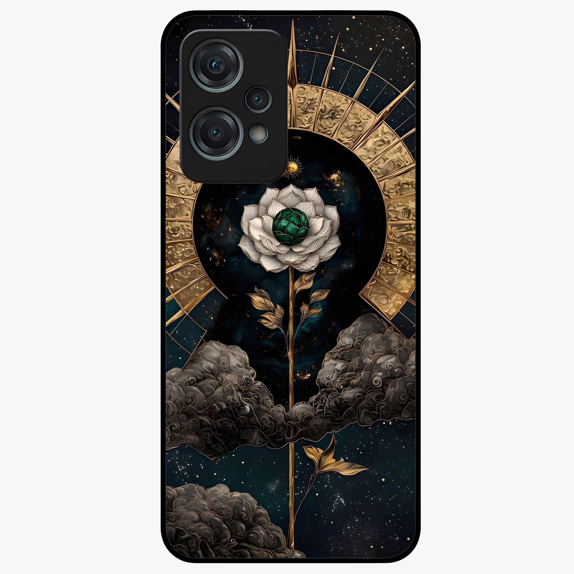 Cosmic Bloom Rose Glass Case for 1+Nord Ce 2 Lite elegant front view featuring rose artwork blended with cosmic background