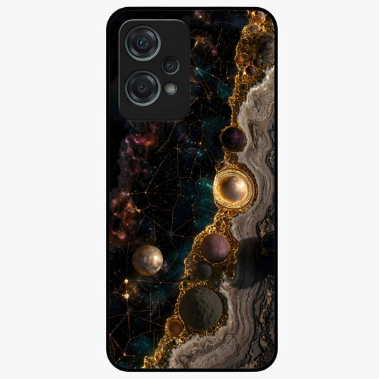 Cosmic Gold Path Glass Case for 1+Nord Ce 2 Lite luxurious front view featuring golden pathway artwork against cosmic backdrop