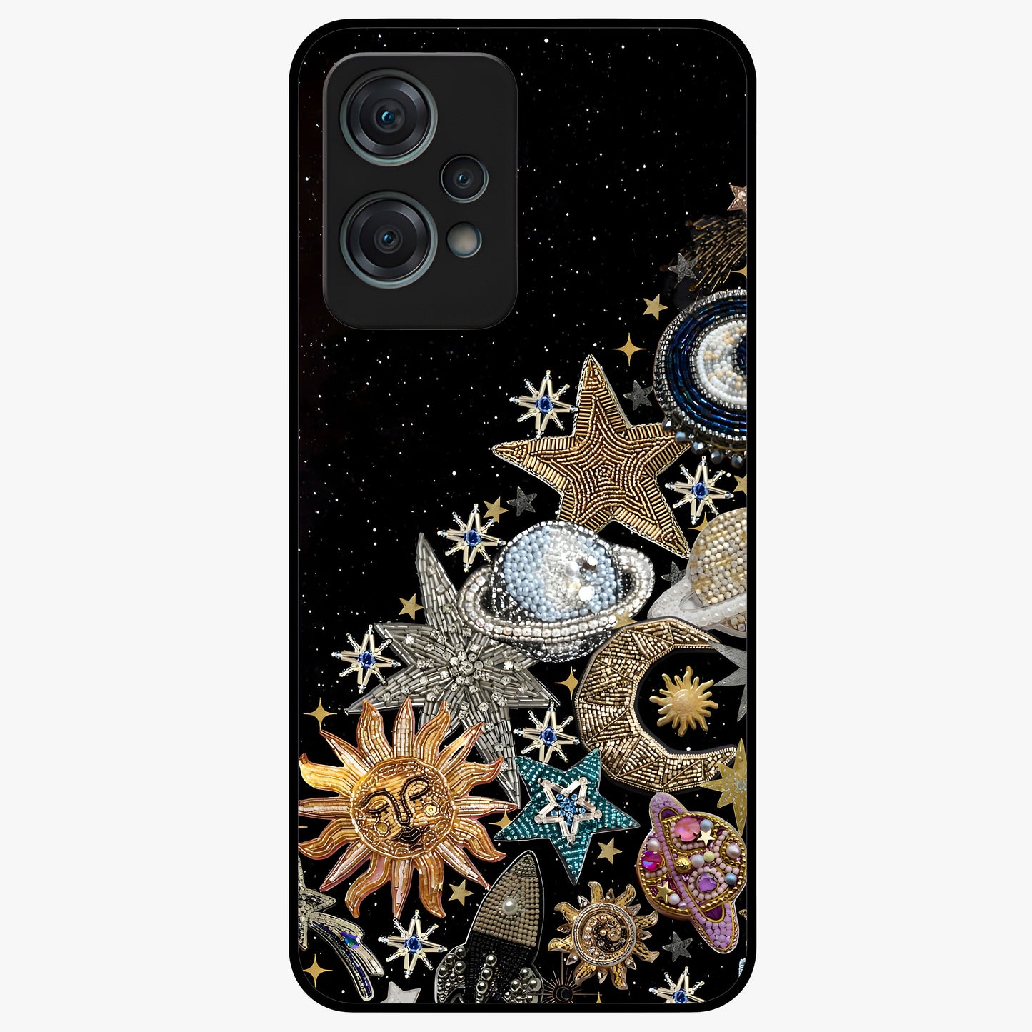 Cosmic Sparkle Dreams Glass Case for 1+Nord Ce 2 Lite magical front view featuring sparkling star artwork with dreamy gradients