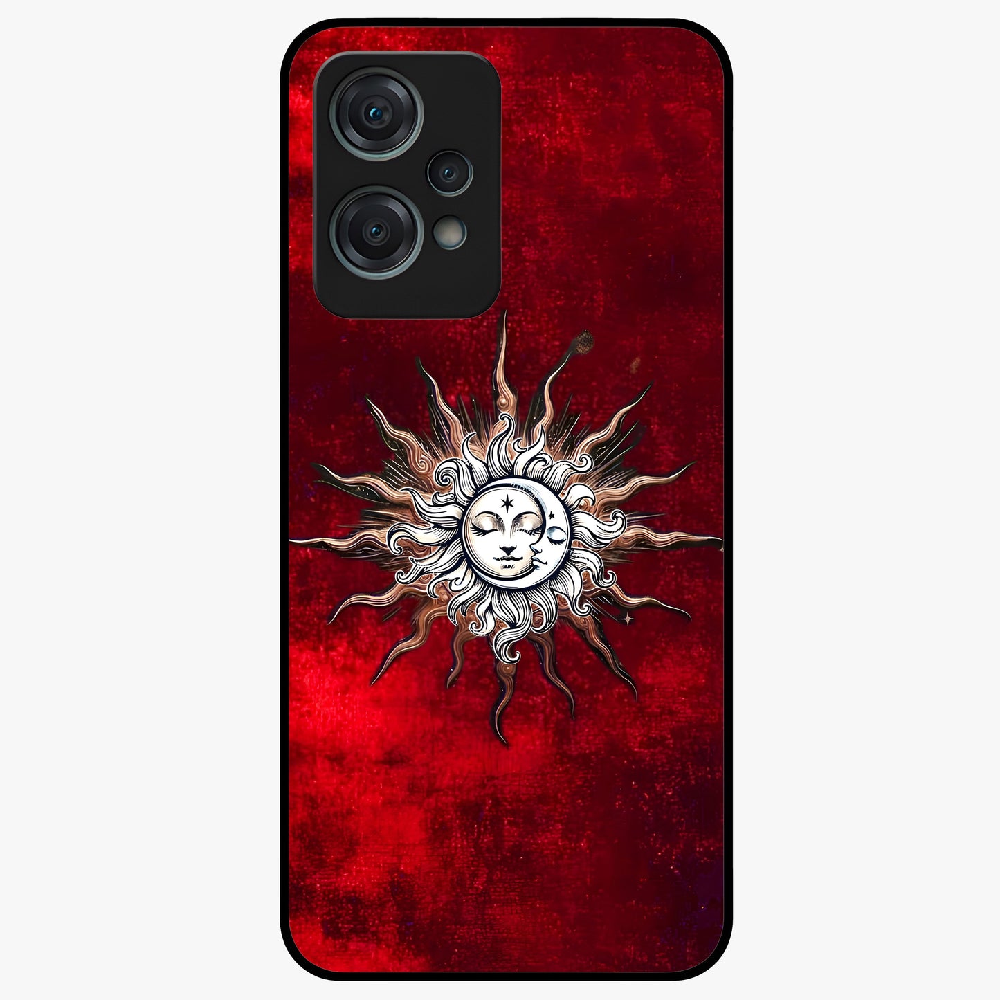 Cosmic Twin Eclipse Glass Case for 1+Nord Ce 2 Lite dramatic front view featuring dual eclipse artwork with deep space tones