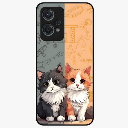 Cozy Cat Duo Glass Case for 1+Nord Ce 2 Lite adorable front view featuring two cats in warm aesthetic artwork