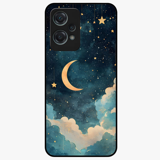 Crescent Galaxy Moon Glass Case for 1+Nord Ce 2 Lite mystical front view featuring crescent moon artwork with cosmic background