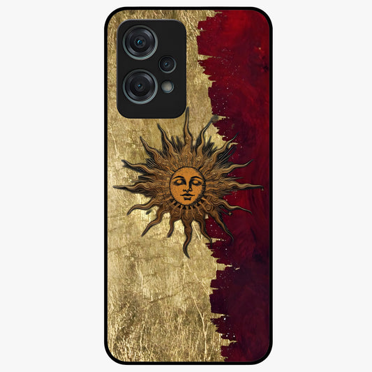 Crimson Sun Majesty Glass Case for 1+Nord Ce 2 Lite radiant front view featuring glowing sun artwork in deep red hues