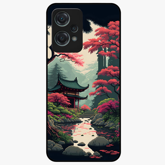 Crimson Temple View Glass Case for 1+Nord Ce 2 Lite scenic front view featuring temple artwork under crimson sky