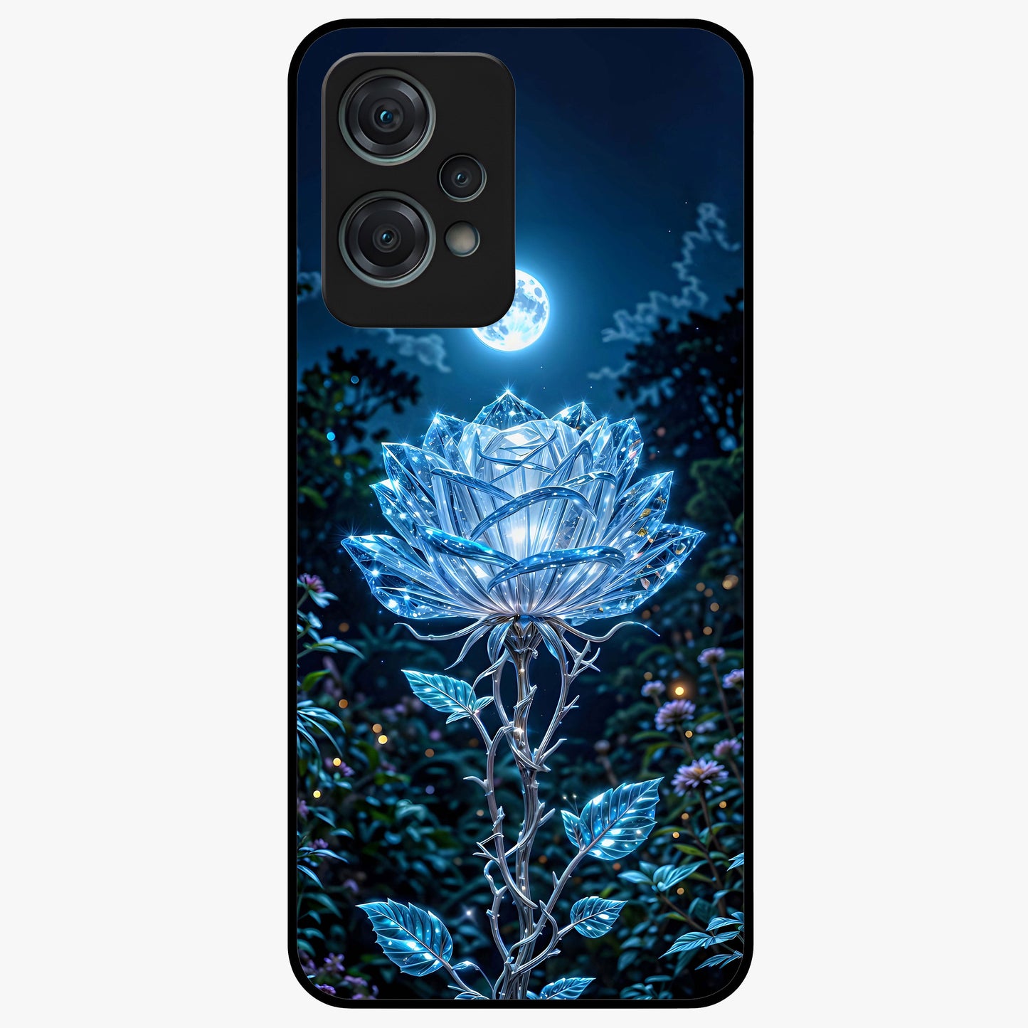 Crystal Moon Lotus Glass Case for 1+Nord Ce 2 Lite serene front view featuring glowing lotus artwork under crystal moonlight