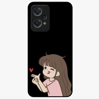 Cute Girl Firing Heart Glass Case for 1+Nord Ce 2 Lite charming front view featuring animated heart themed artwork