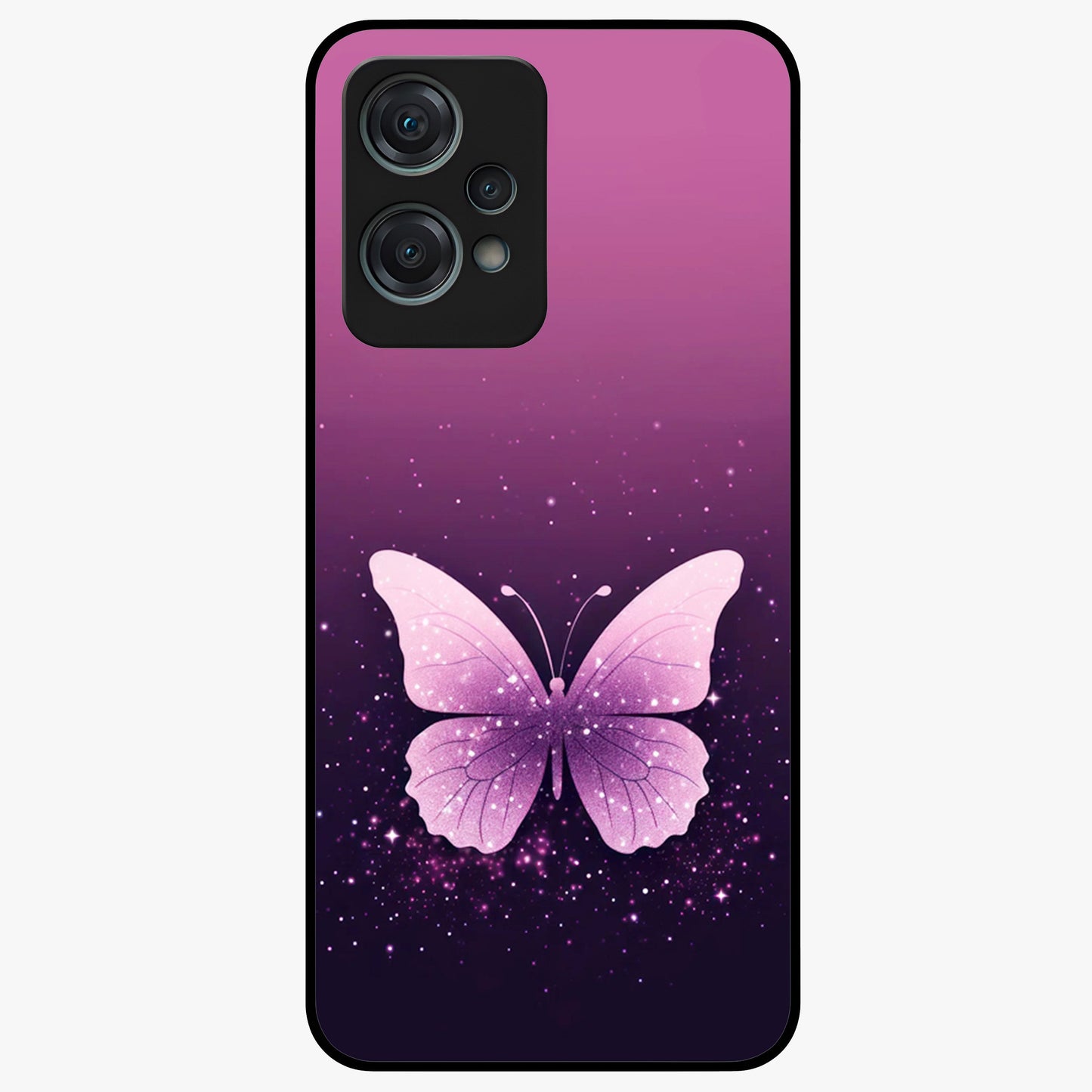 Cute Starry Butterfly Glass Case for 1+Nord Ce 2 Lite dreamy front view featuring butterfly artwork with sparkling star accents