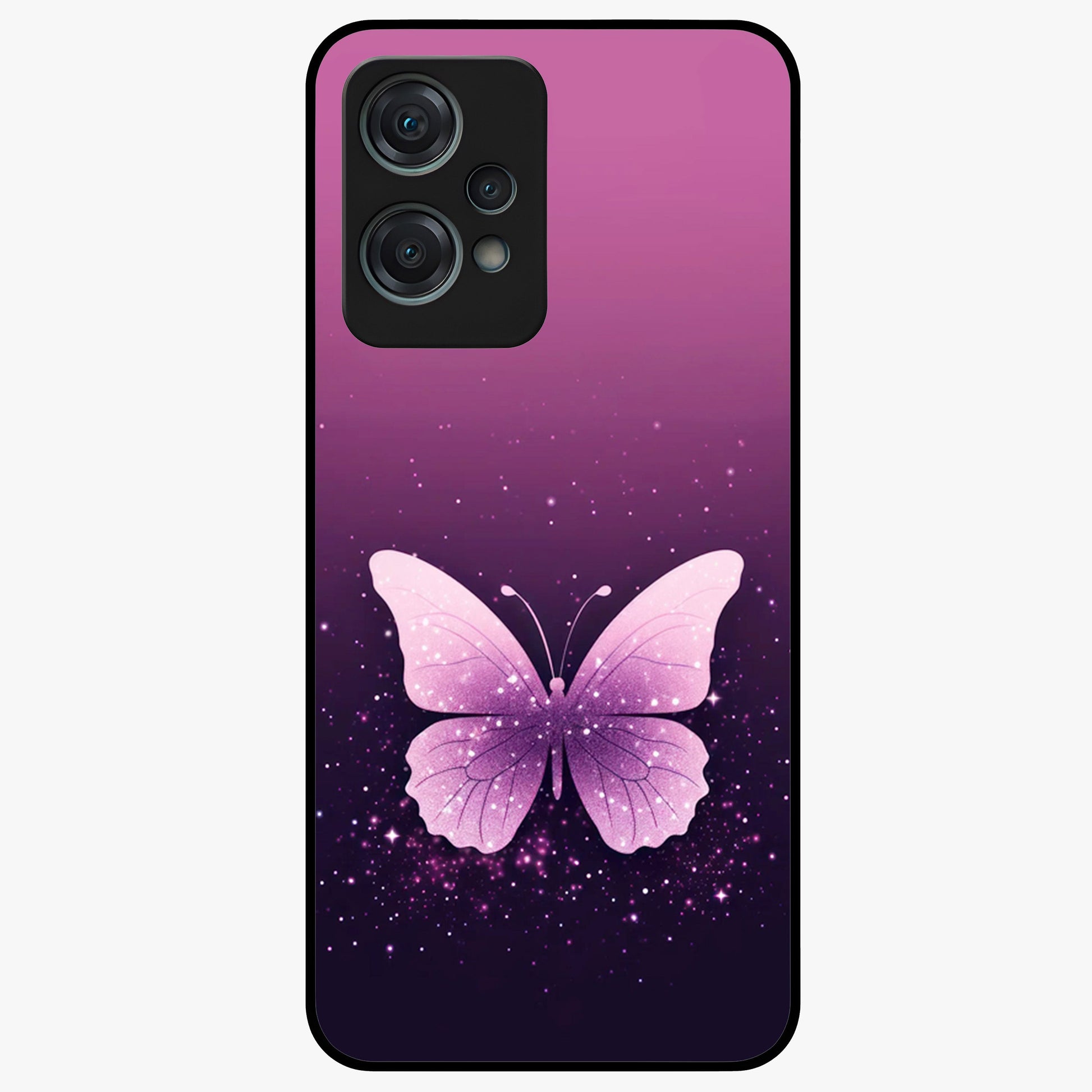 Cute Starry Butterfly Glass Case for 1+Nord Ce 2 Lite dreamy front view featuring butterfly artwork with sparkling star accents