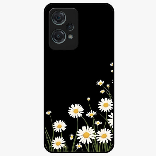 Daisy Cascade on Black Glass Case for 1+Nord Ce 2 Lite elegant front view featuring white daisy artwork on deep black background