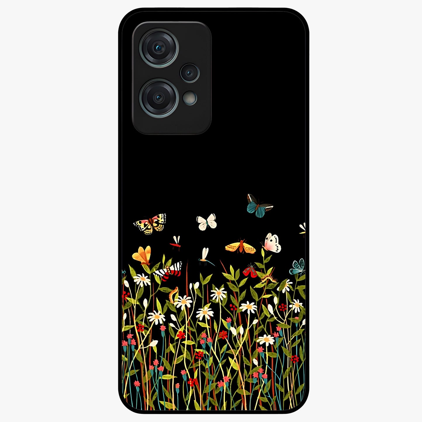 Dark Bloom Wonderland Custom Name Glass Case for 1+Nord Ce 2 Lite striking front view featuring dark floral artwork with personalized name design