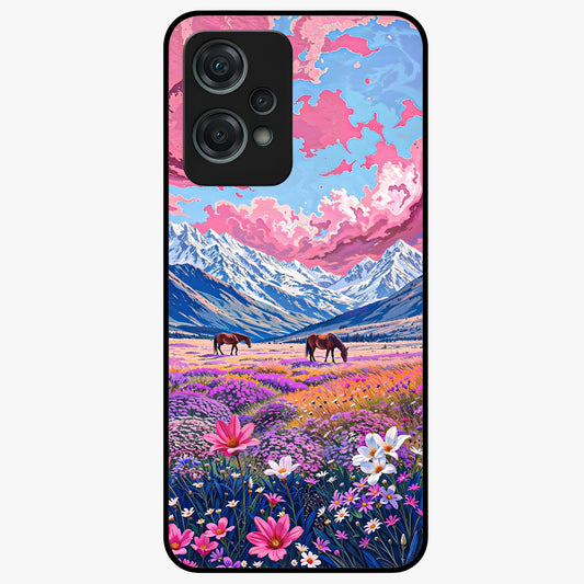 Dreamy Floral Pastures Glass Case for 1+Nord Ce 2 Lite soft front view featuring pastel floral meadow artwork