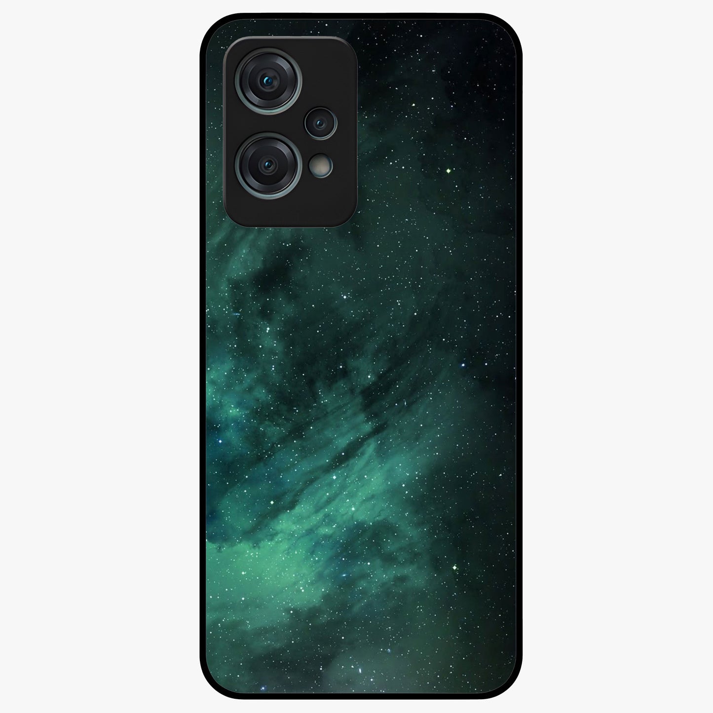 Emerald Green Space Glass Case for 1+Nord Ce 2 Lite vibrant front view featuring deep green cosmic inspired artwork