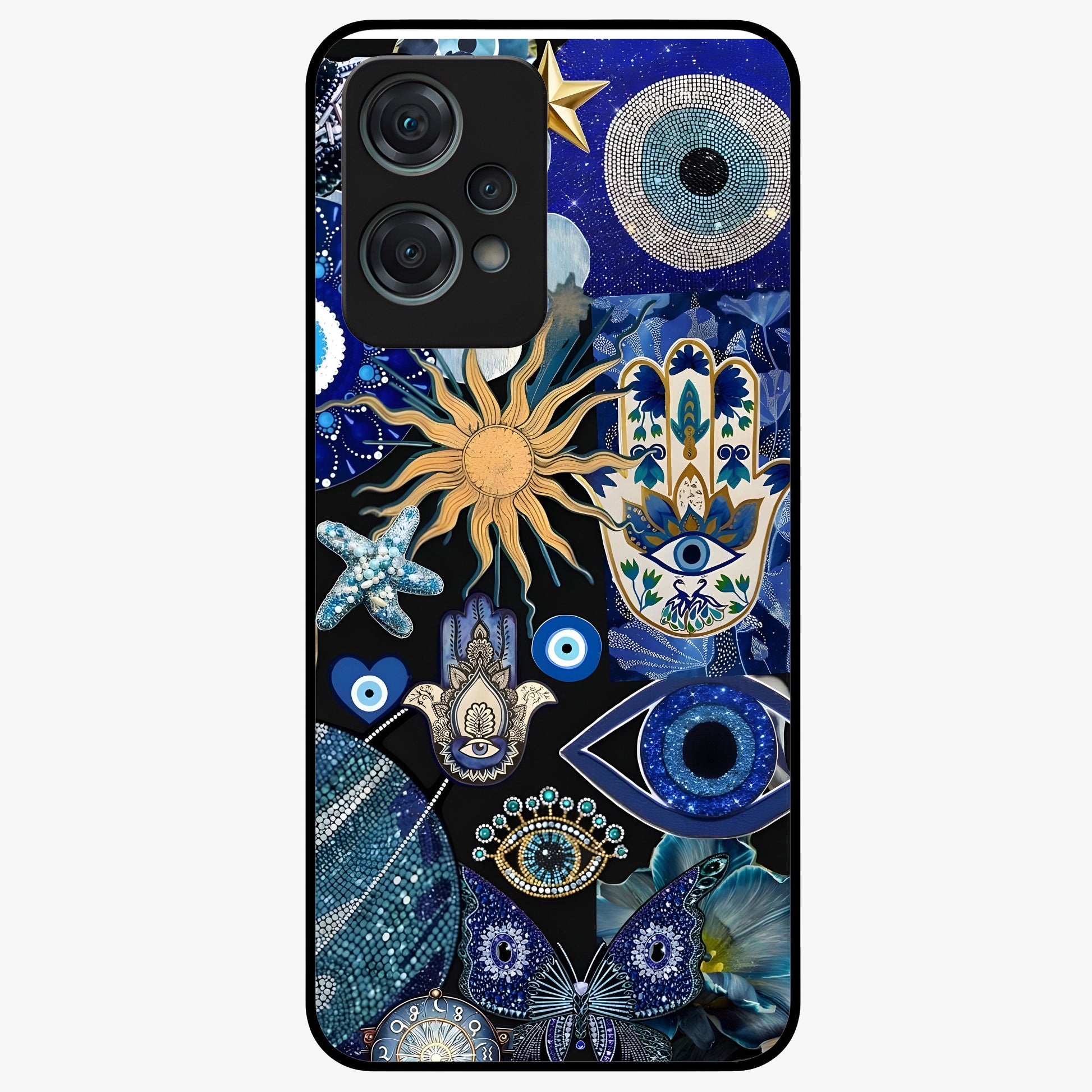 Evil Eye Charm Mix Glass Case for 1+Nord Ce 2 Lite vibrant front view featuring multiple evil eye charm artwork