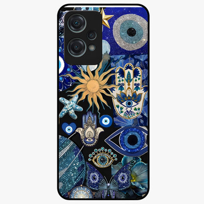 Evil Eye Charm Mix Glass Case for 1+Nord Ce 2 Lite vibrant front view featuring multiple evil eye charm artwork