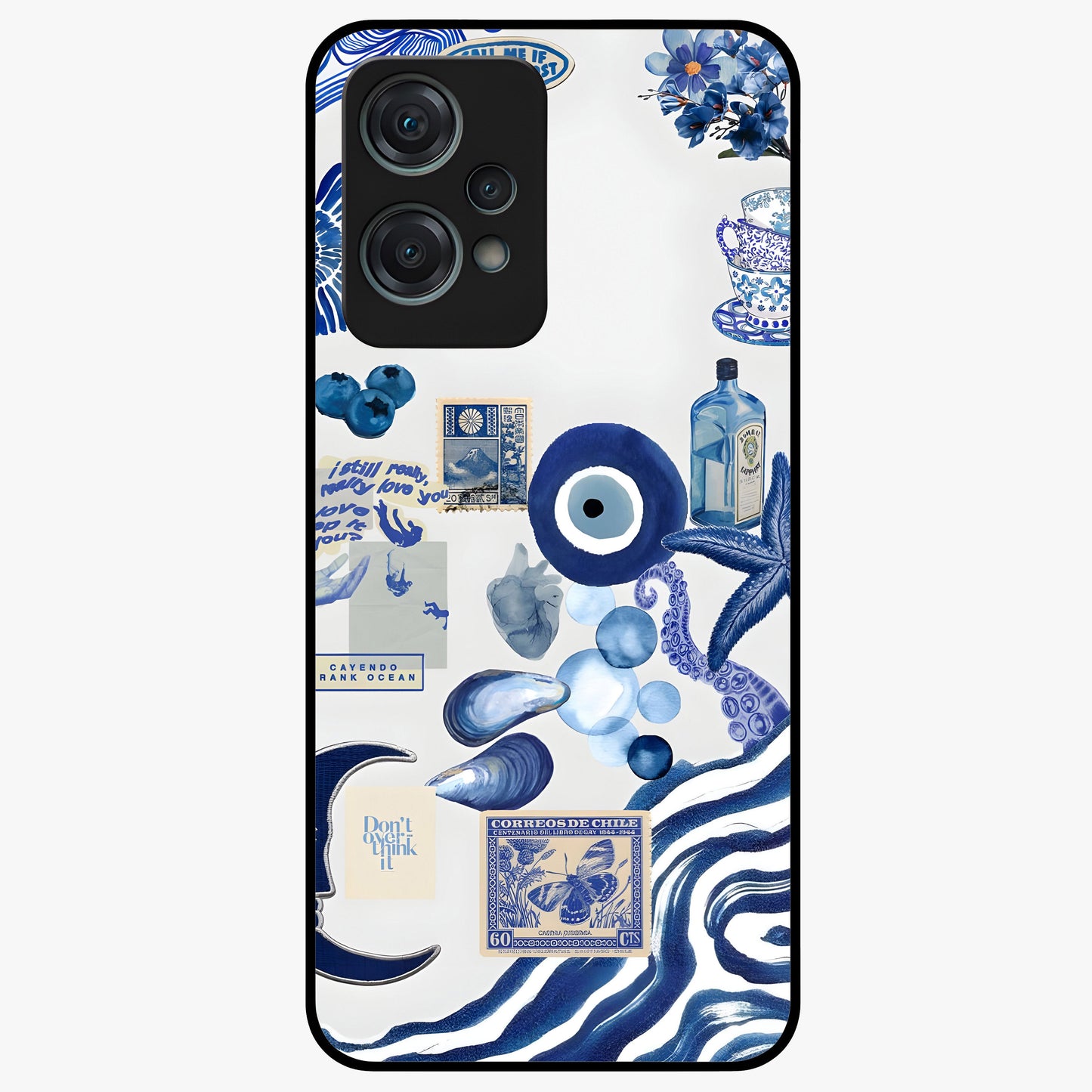 Evil Eyes Dark Blue Glass Case for 1+Nord Ce 2 Lite striking front view featuring deep blue evil eye artwork