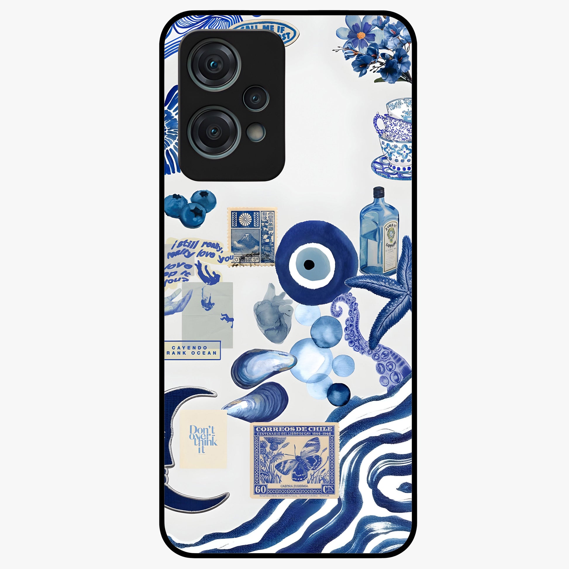 Evil Eyes Dark Blue Glass Case for 1+Nord Ce 2 Lite striking front view featuring deep blue evil eye artwork