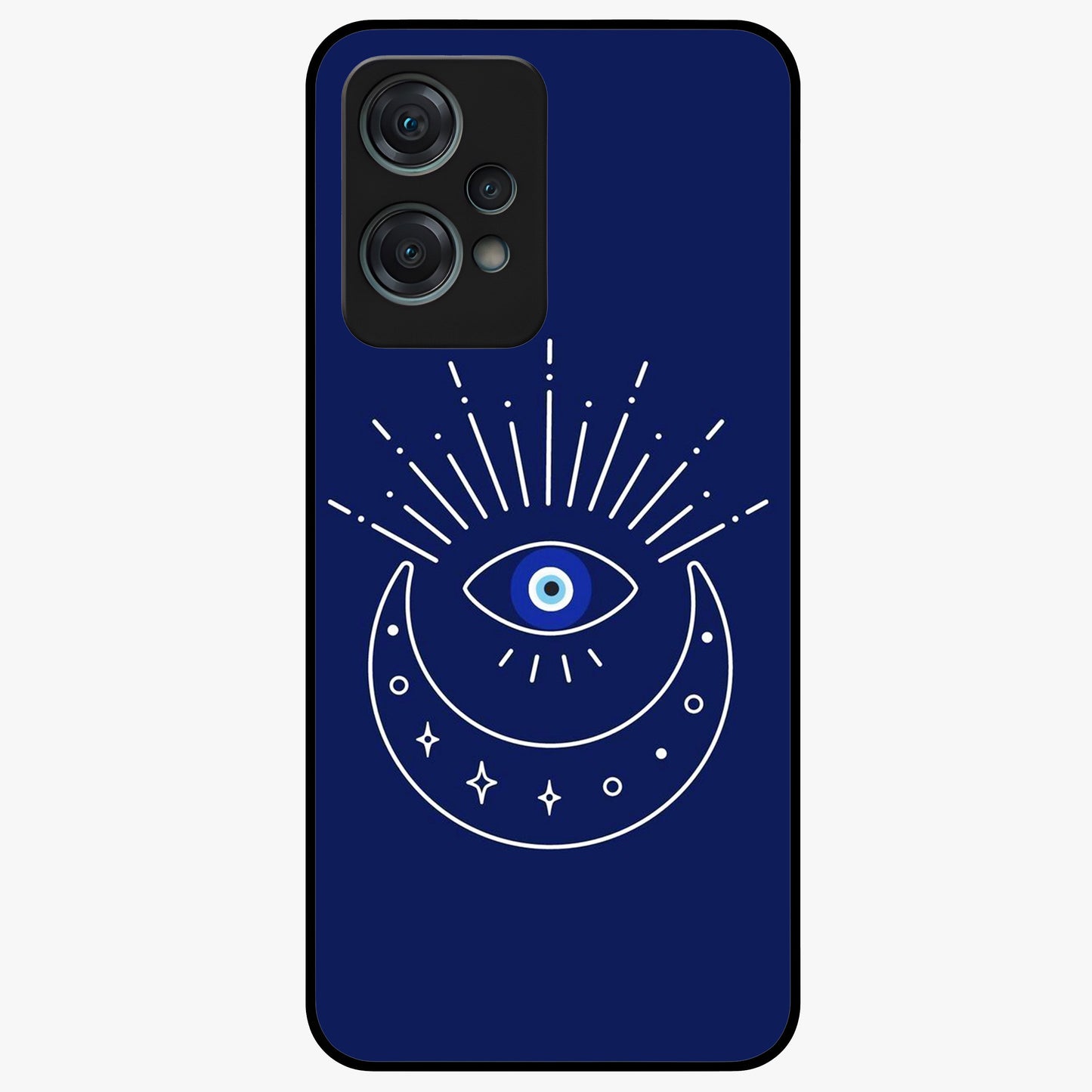 Evil Eye With Blue Themed Collage Glass Case for 1+Nord Ce 2 Lite artistic front view featuring blue collage style evil eye artwork