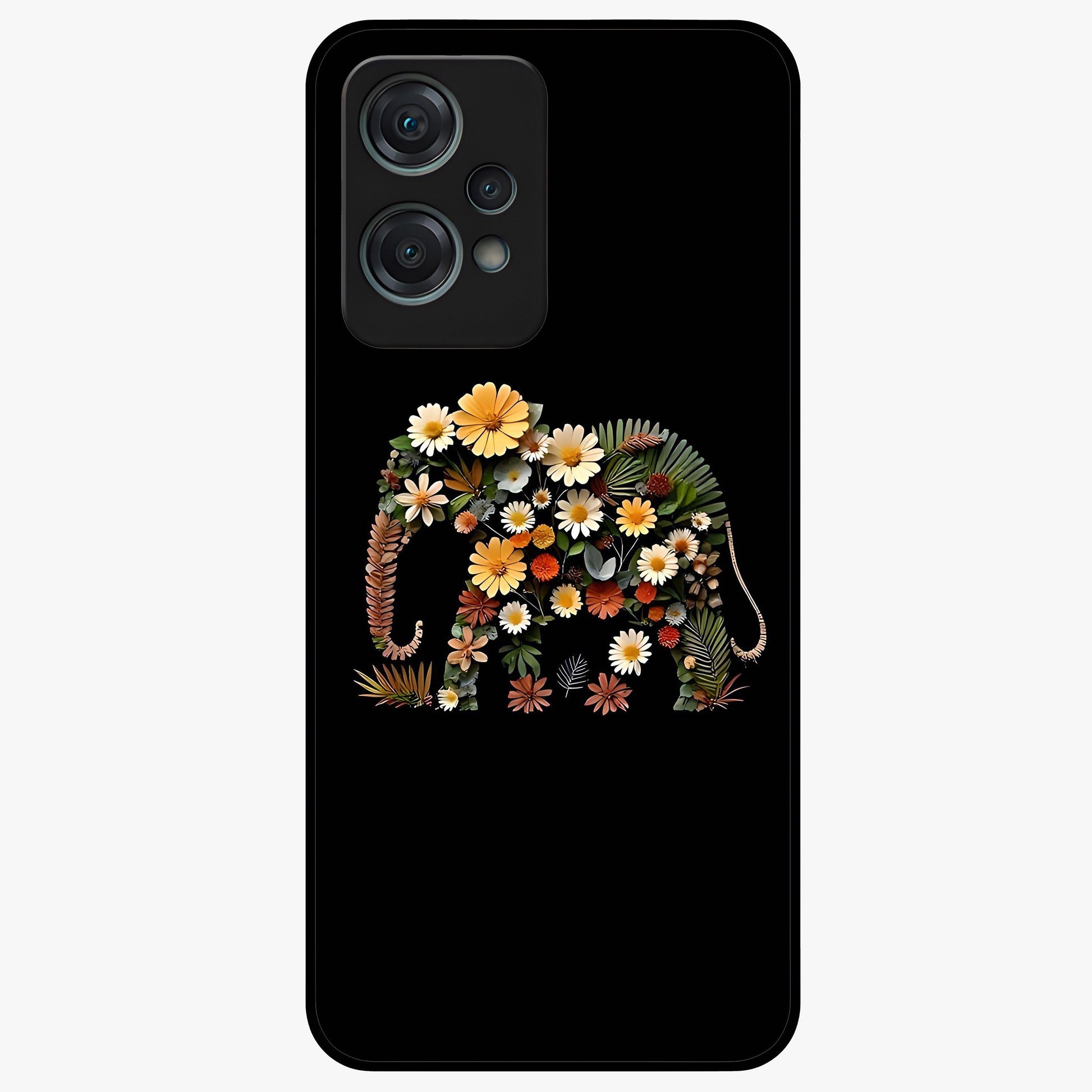 Floral Elephant Glass Case for 1+Nord Ce 2 Lite artistic front view featuring elephant illustration with floral detailing