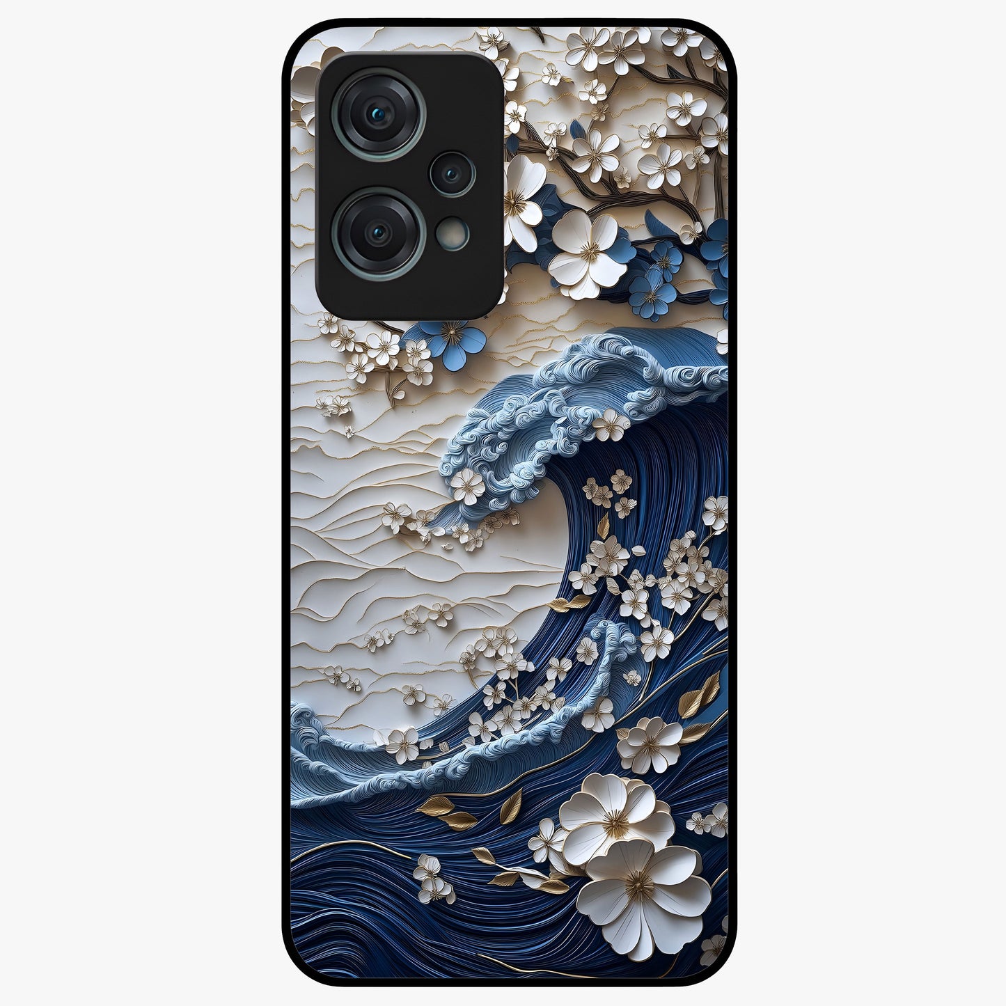 Floral Wave Origami Glass Case for 1+Nord Ce 2 Lite artistic front view featuring folded origami inspired floral wave artwork