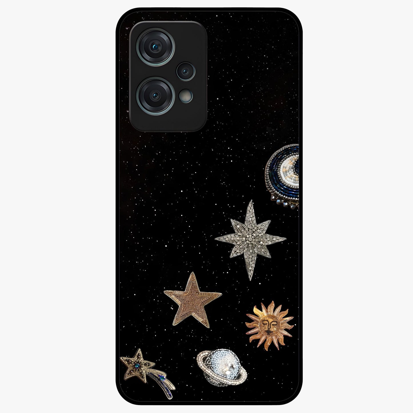 Galactic Charm Glow Glass Case for 1+Nord Ce 2 Lite radiant front view featuring glowing cosmic charm artwork