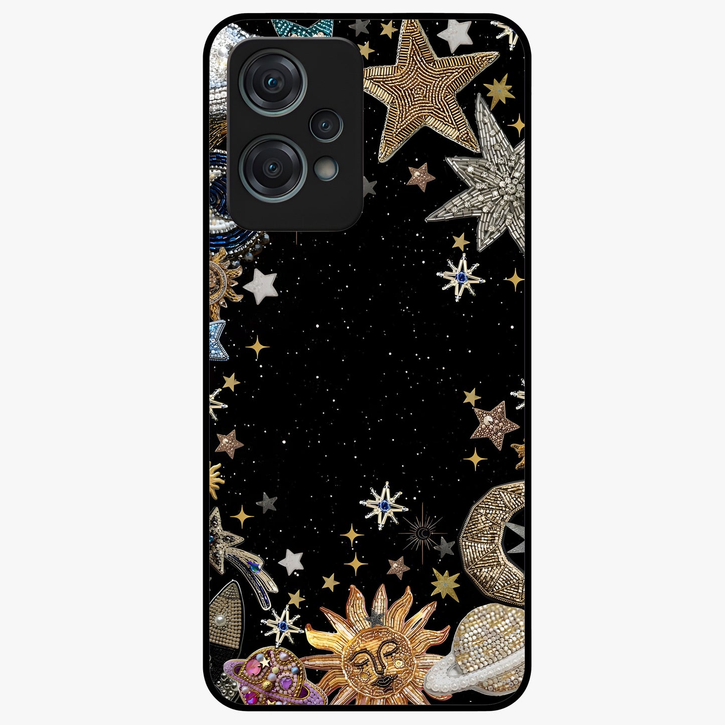 Galactic Jewel Stars Glass Case for 1+Nord Ce 2 Lite elegant front view featuring sparkling jewel inspired star artwork