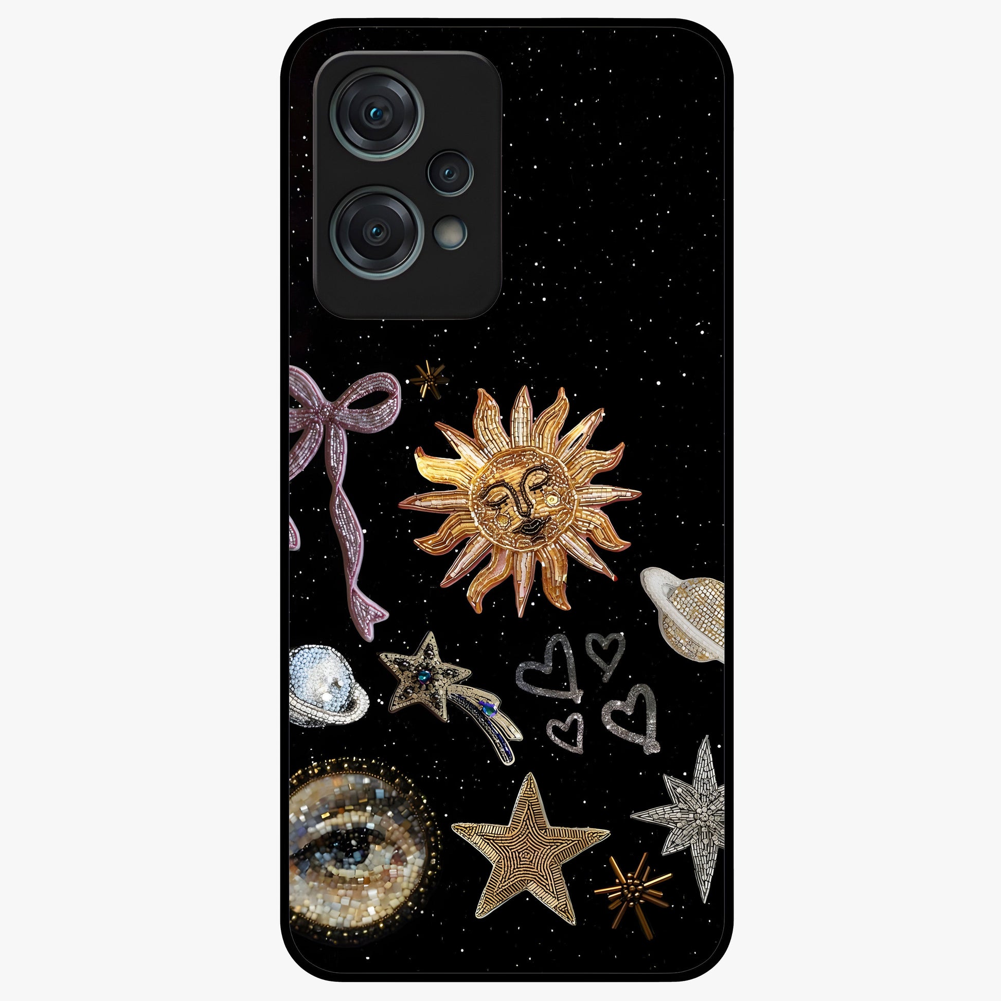 Galactic Sun Charm Glass Case for 1+Nord Ce 2 Lite radiant front view featuring celestial sun artwork with cosmic accents