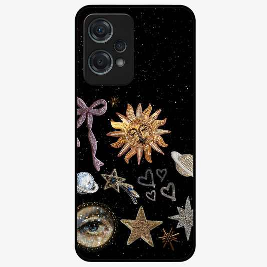 Galactic Sun Charm Glass Case for 1+Nord Ce 2 Lite radiant front view featuring celestial sun artwork with cosmic accents