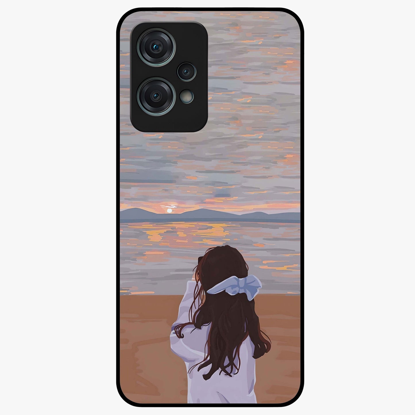 Girl Facing Sunset Beach Glass Case for 1+Nord Ce 2 Lite scenic front view featuring silhouette artwork against glowing sunset sky
