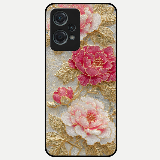 Golden Blossom Elegance Glass Case for 1+Nord Ce 2 Lite graceful front view featuring refined golden floral artwork