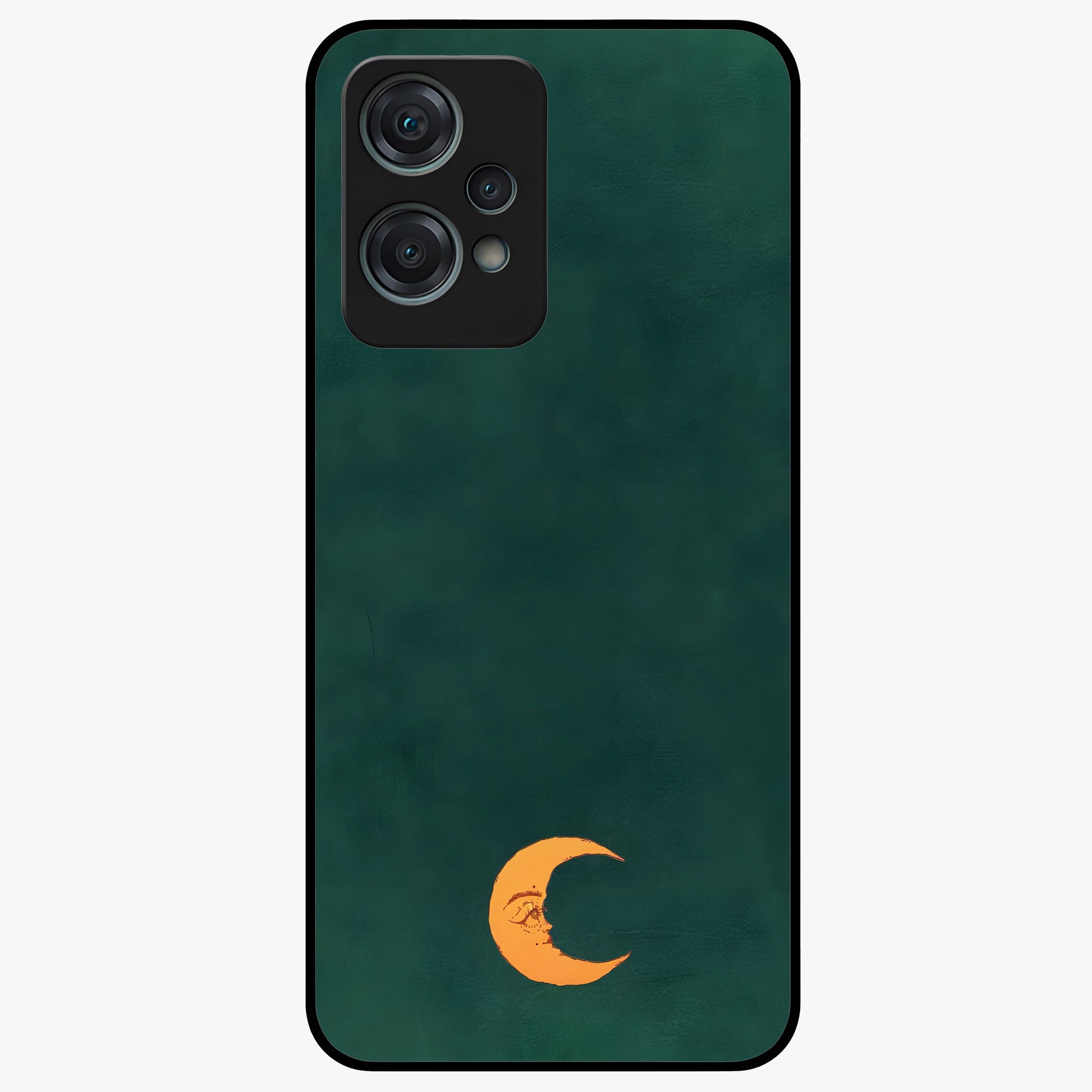 Golden Crescent Mood Glass Case for 1+Nord Ce 2 Lite artistic front view featuring crescent moon artwork in warm golden tones