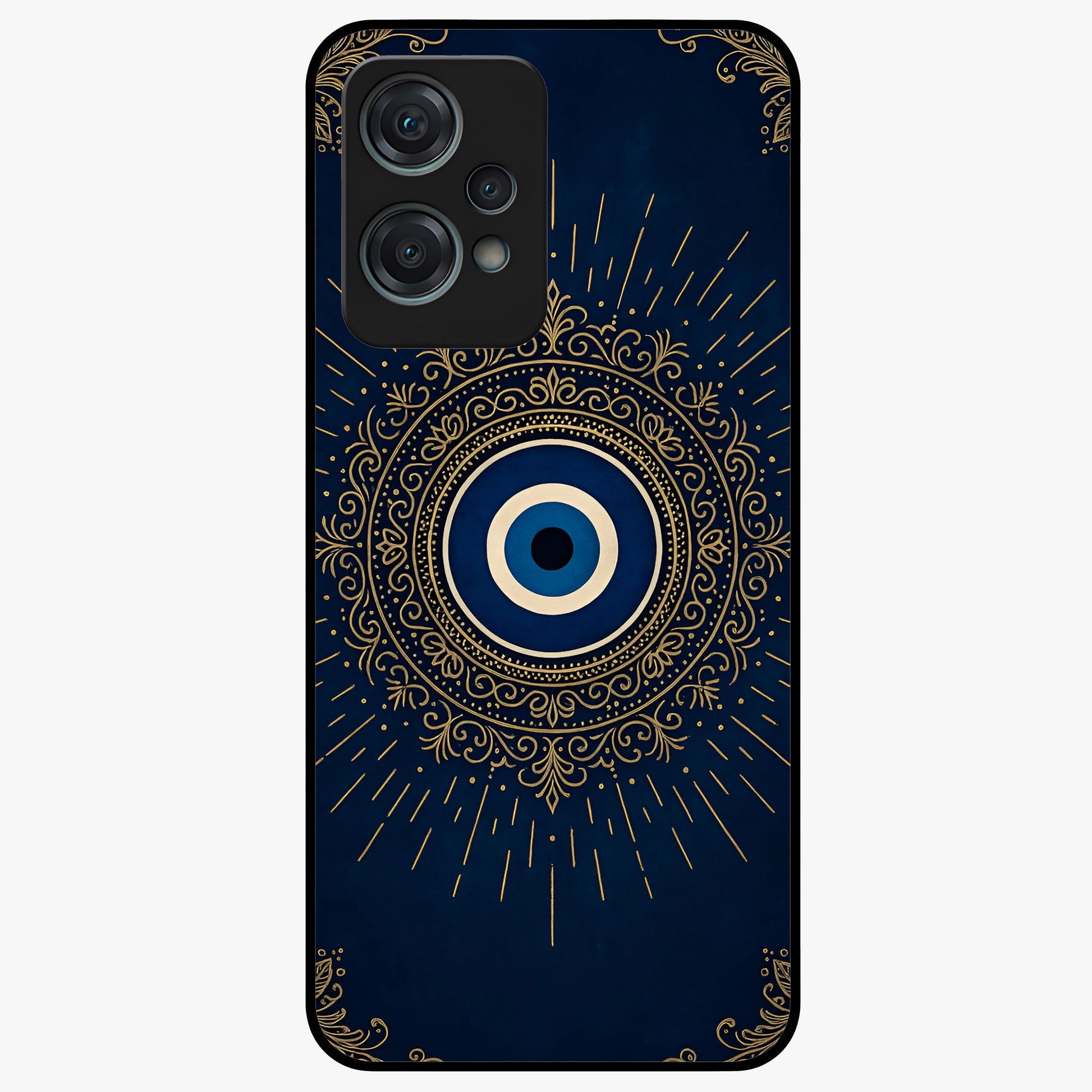 Golden Evil Eye Mandala Glass Case for 1+Nord Ce 2 Lite bold front view featuring intricate mandala artwork with golden evil eye
