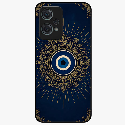 Golden Evil Eye Mandala Glass Case for 1+Nord Ce 2 Lite bold front view featuring intricate mandala artwork with golden evil eye