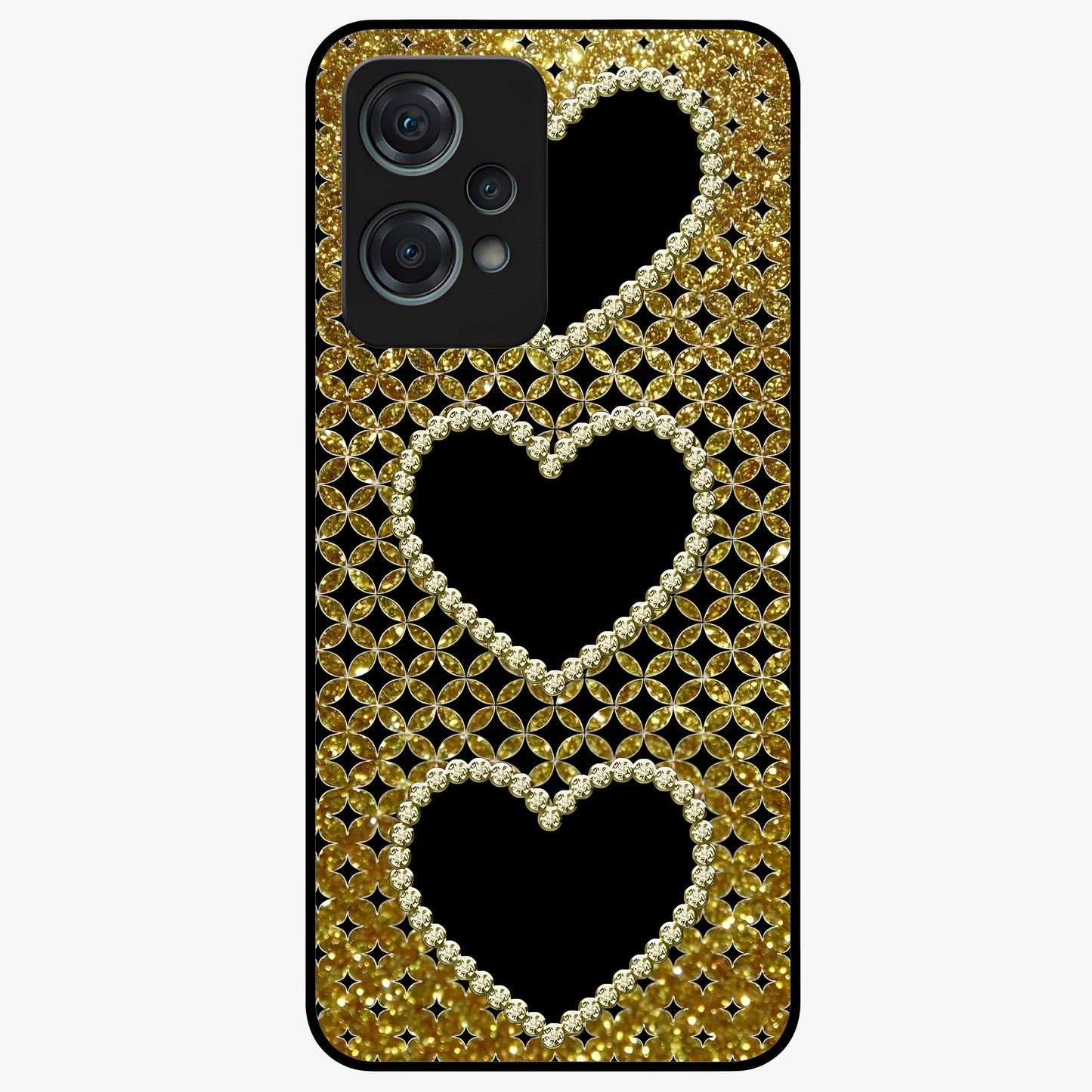 Golden Heart Glow Glass Case for 1+Nord Ce 2 Lite romantic front view featuring glowing golden heart artwork