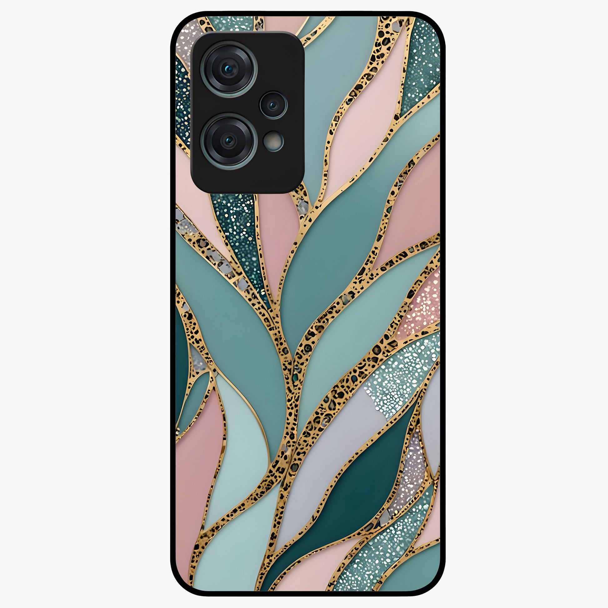 Golden Leaf Dreams Glass Case for 1+Nord Ce 2 Lite elegant front view featuring shimmering golden leaf artwork