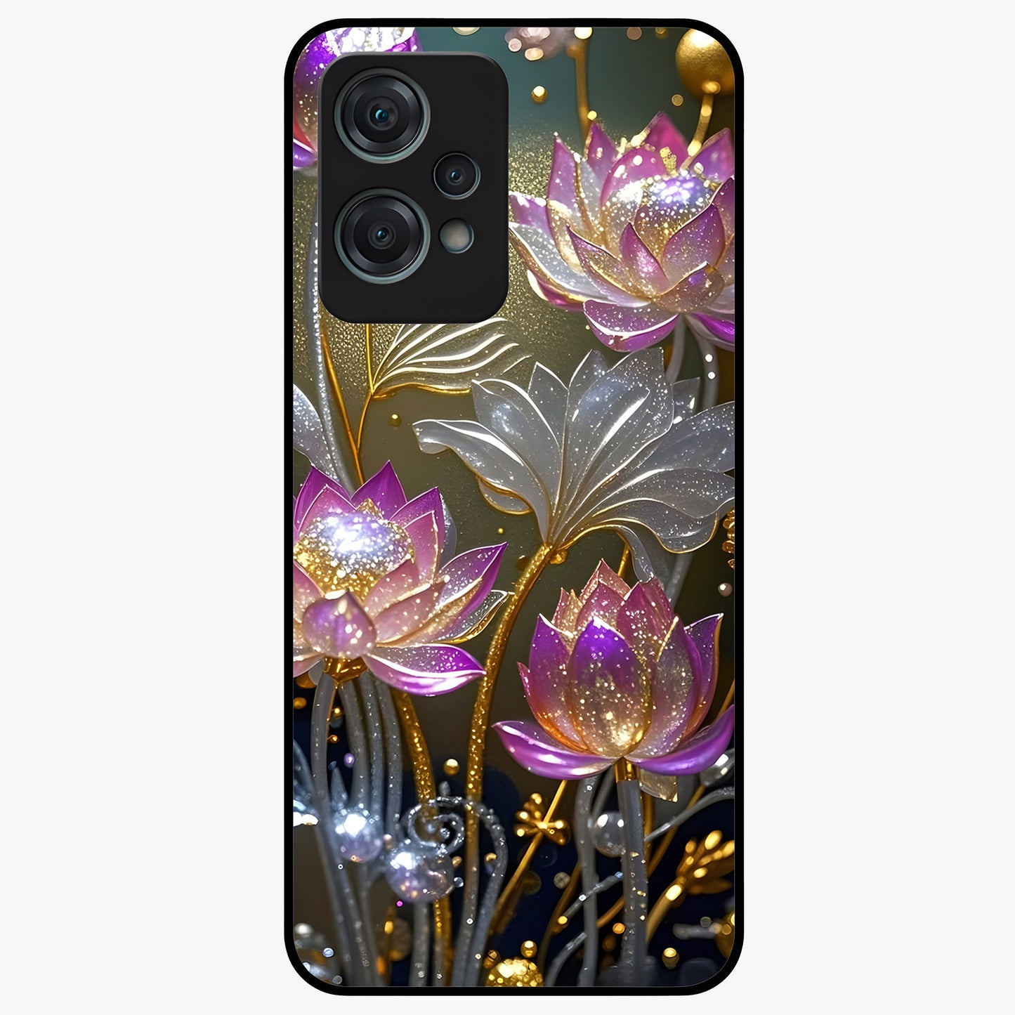 Golden Lotus Glow Glass Case for 1+Nord Ce 2 Lite serene front view featuring radiant lotus artwork in golden hues