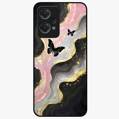 Golden Mist Butterflies Glass Case for 1+Nord Ce 2 Lite elegant front view featuring soft golden butterfly artwork with misty tones