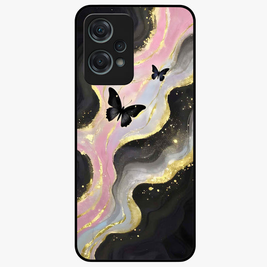 Golden Mist Butterflies Glass Case for 1+Nord Ce 2 Lite elegant front view featuring soft golden butterfly artwork with misty tones