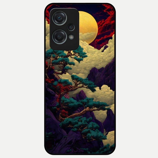 Golden Moon Horizon Glass Case for 1+Nord Ce 2 Lite serene front view featuring glowing golden moon over horizon artwork