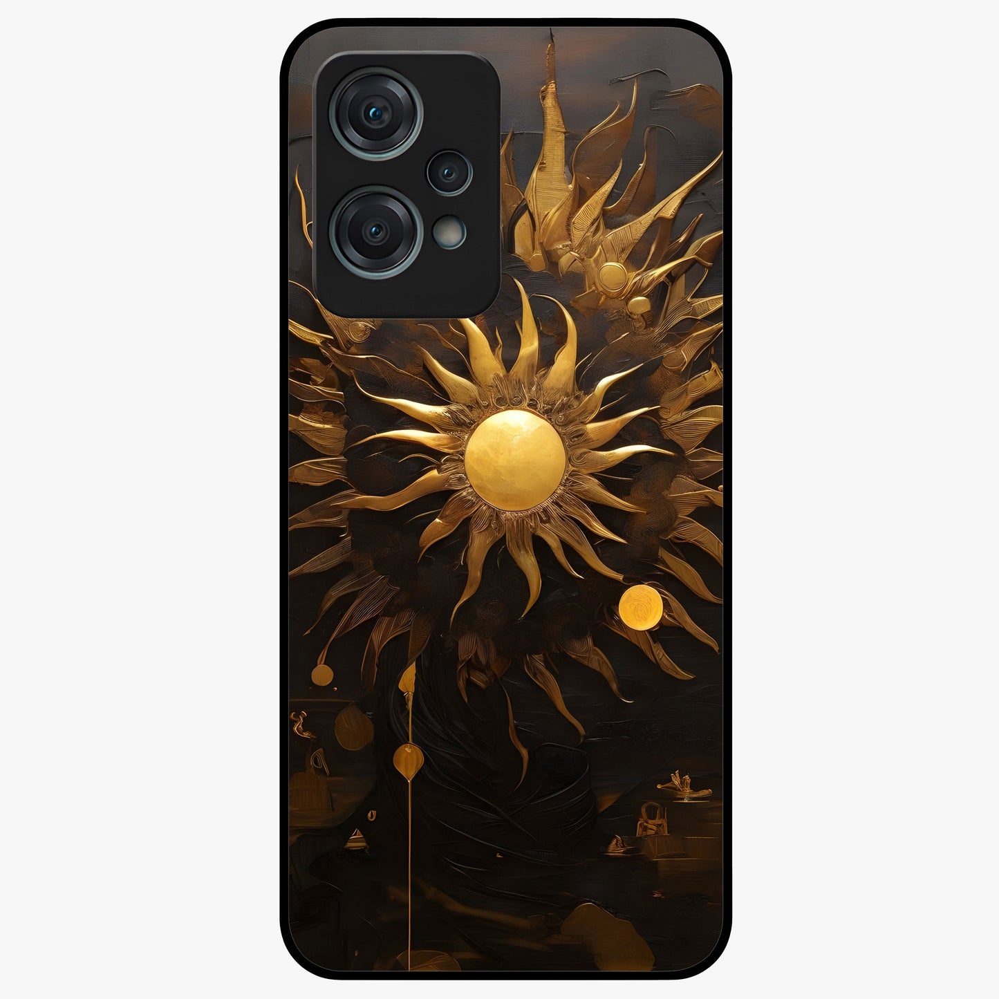 Golden Sun Majesty Glass Case for 1+Nord Ce 2 Lite radiant front view featuring majestic sun artwork in golden hues