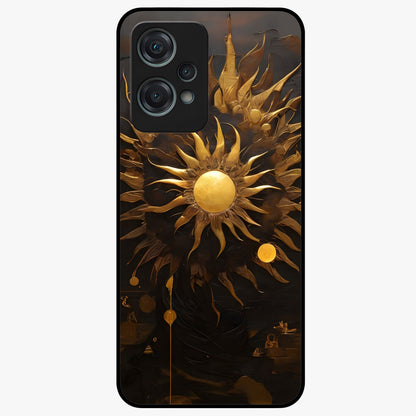 Golden Sun Majesty Glass Case for 1+Nord Ce 2 Lite radiant front view featuring majestic sun artwork in golden hues
