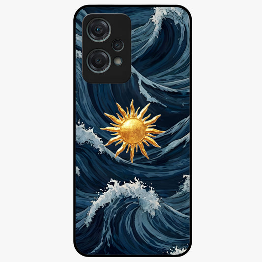 Golden Wave Rise Glass Case for 1+Nord Ce 2 Lite dynamic front view featuring flowing wave artwork in golden tones