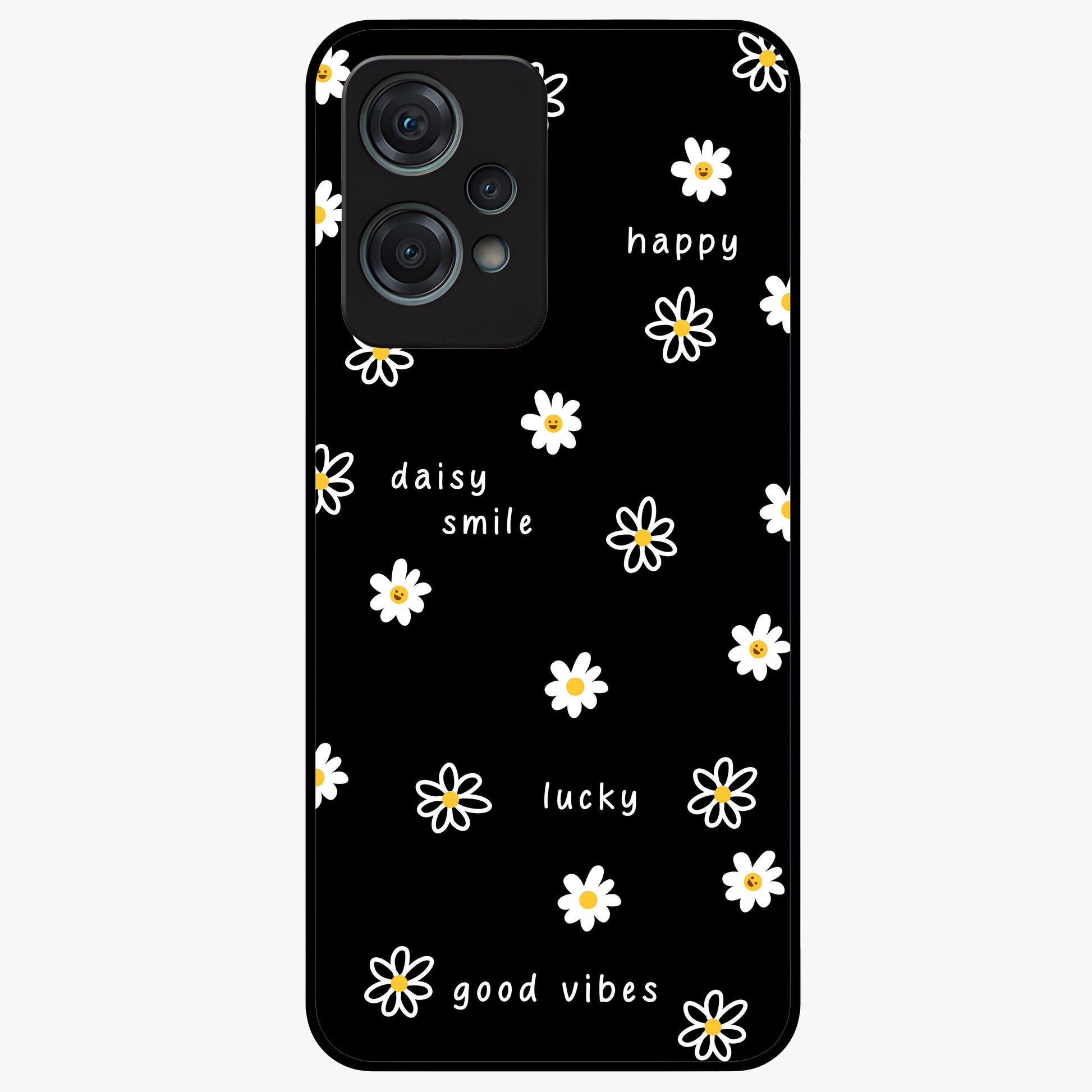 Good Vibes Daisy Black Pattern Glass Case for 1+Nord Ce 2 Lite stylish front view featuring white daisy artwork on black background