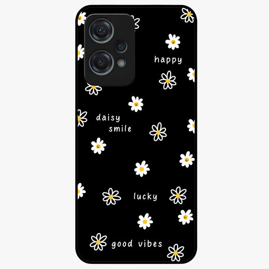 Good Vibes Daisy Black Pattern Glass Case for 1+Nord Ce 2 Lite stylish front view featuring white daisy artwork on black background