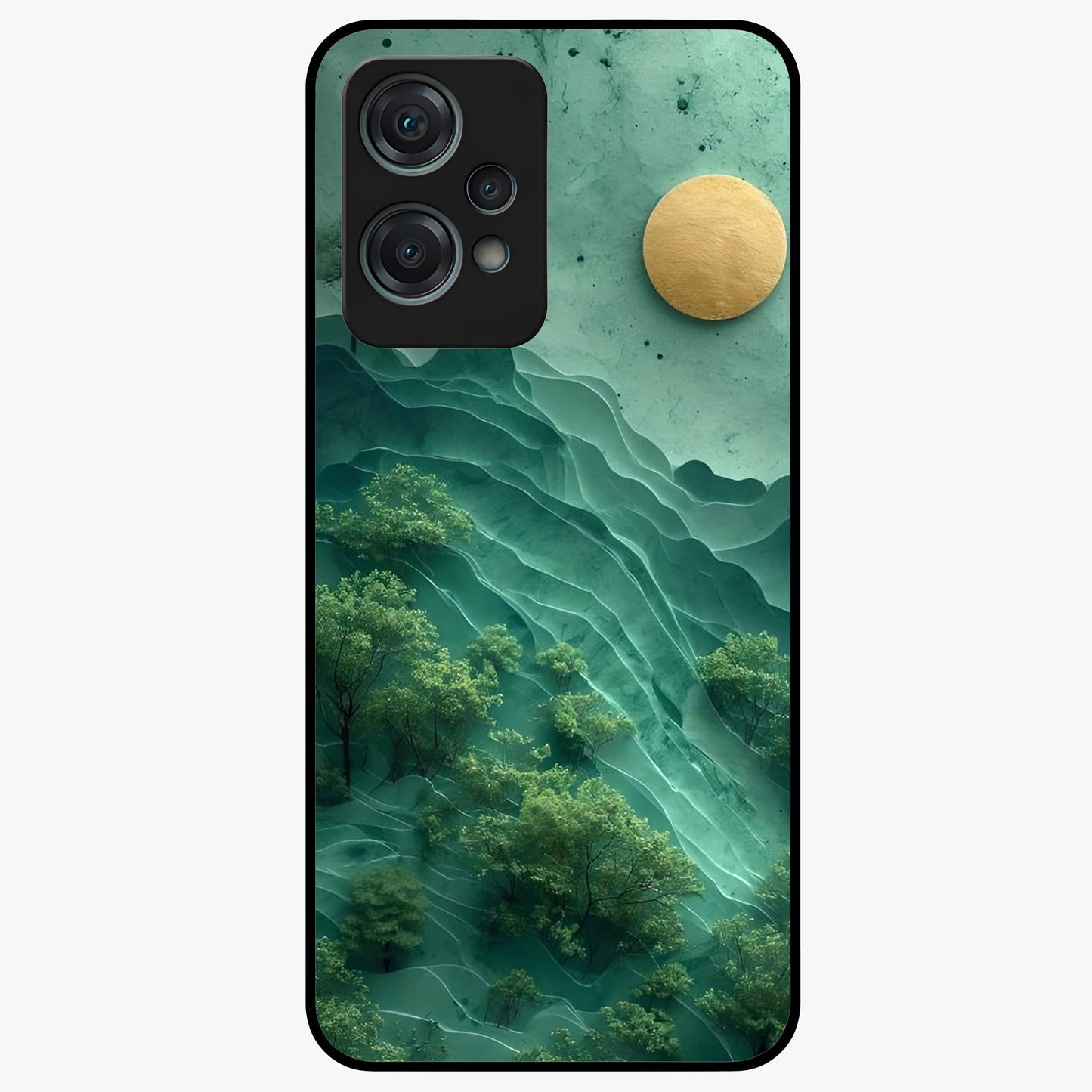 Green Hills With Sun Glass Case for 1+Nord Ce 2 Lite scenic front view featuring rolling hills under warm sunlight