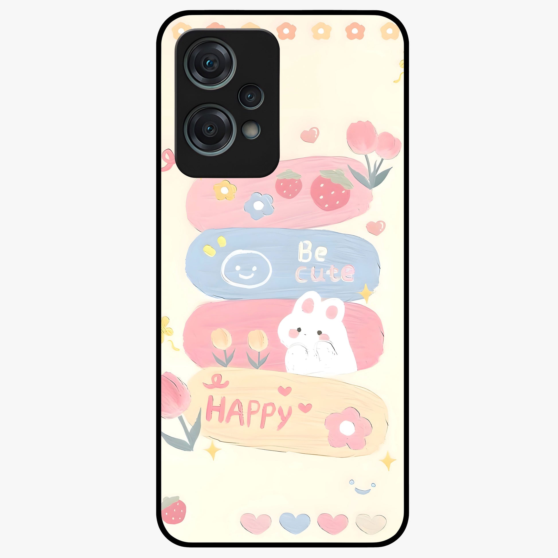 Happy Cute Bunny Glass Case for 1+Nord Ce 2 Lite adorable front view featuring playful bunny artwork