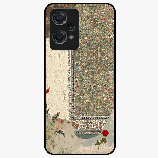 Heritage Textile Layers Glass Case for 1+Nord Ce 2 Lite showing full back design in clean flat view with layered textile-inspired artwork and glossy glass finish.