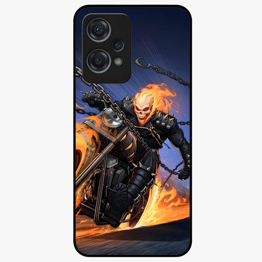 Inferno Chain Rider Glass Case for 1+Nord Ce 2 Lite showing full back design in clean flat view with fiery chain rider artwork and glossy glass finish.